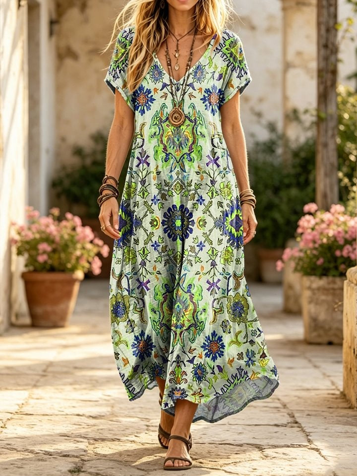 Women's Retro Ethnic Totem Art Print Casual Short-sleeve V-neck Cotton Dress