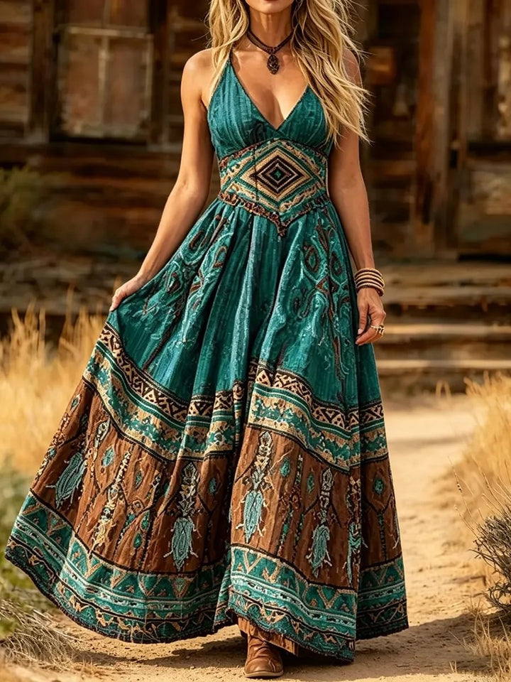 Women's Tribal Ethnic Geometric Print Cotton Maxi Dress
