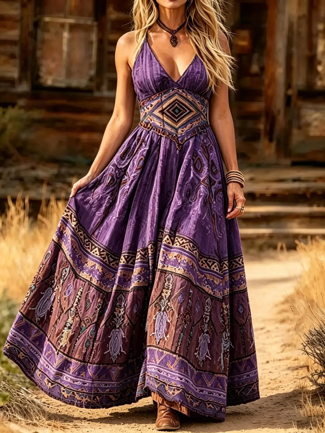 Women's Tribal Ethnic Geometric Print Cotton Maxi Dress