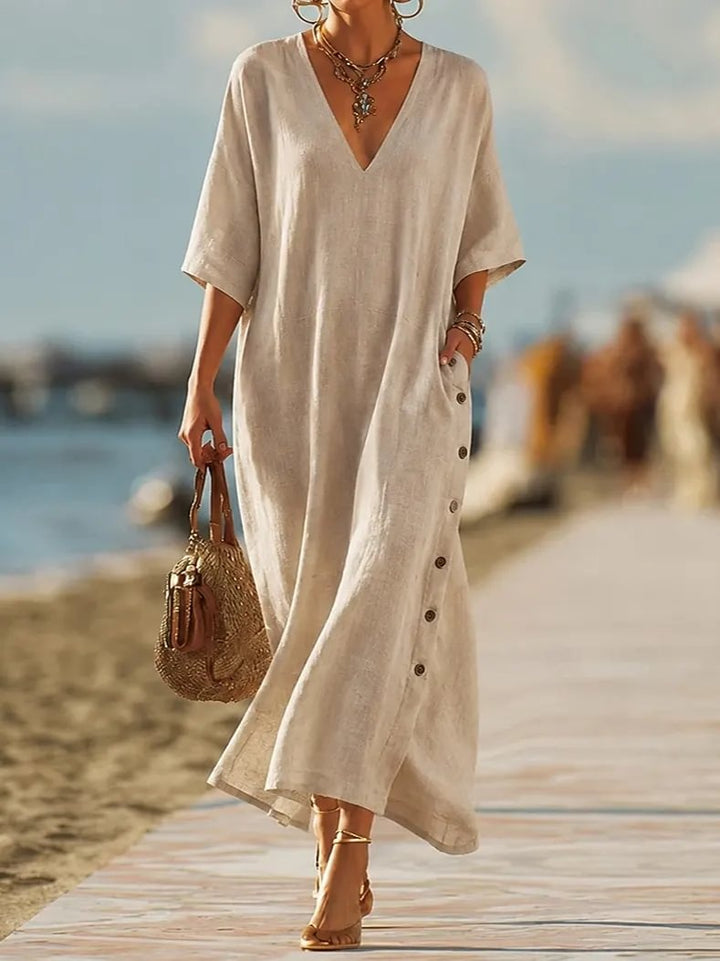 Women's Cotton V Neck Side Button Maxi Dress