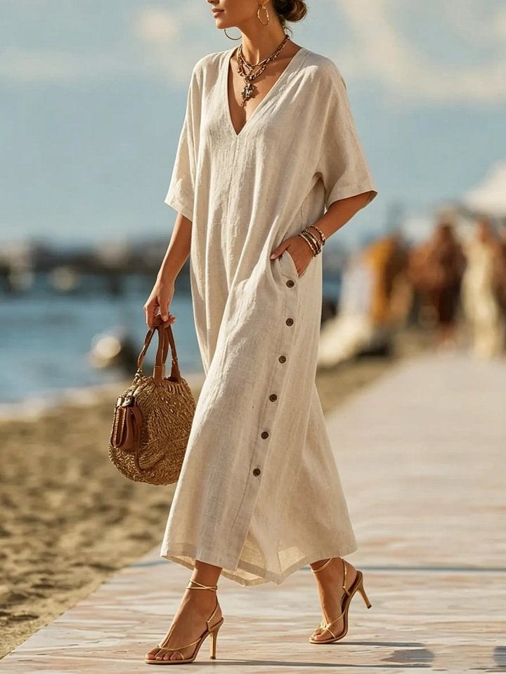 Women's Cotton V Neck Side Button Maxi Dress