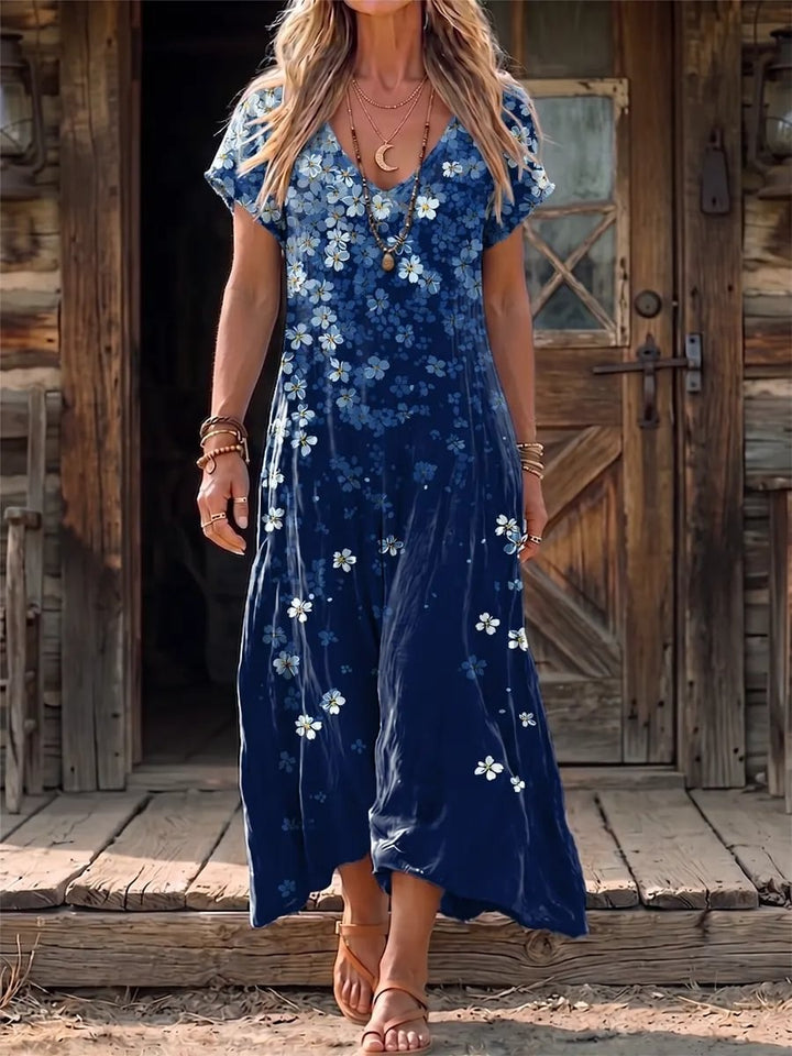 Ethnicity Flower Gradation Women's Art Print Casual V-collar Short Sleeve Cotton Dress