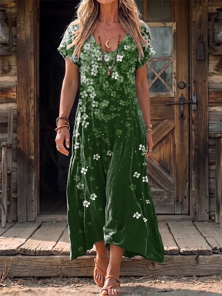Ethnicity Flower Gradation Women's Art Print Casual V-collar Short Sleeve Cotton Dress