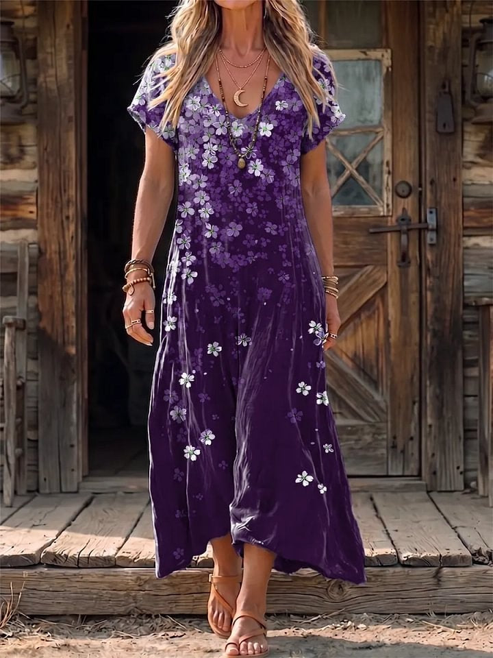 Ethnicity Flower Gradation Women's Art Print Casual V-collar Short Sleeve Cotton Dress