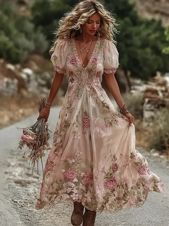 Women's V-neck Dress With Floral Art Print