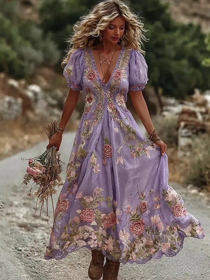 Women's V-neck Dress With Floral Art Print