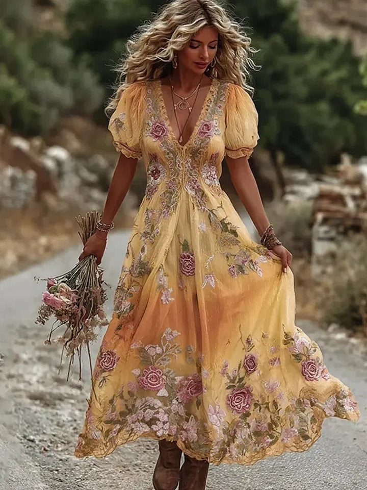 Women's V-neck Dress With Floral Art Print
