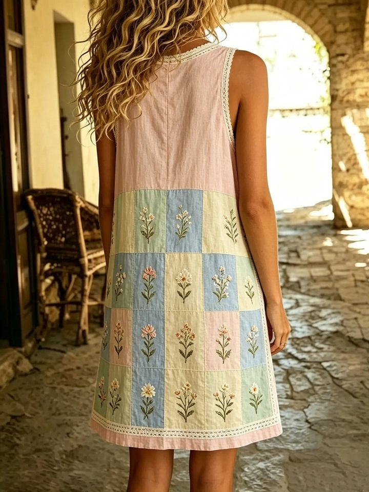 Women's Pastel Plaid Patchwork Floral Lace V Neck Sleeveless Mini Dress
