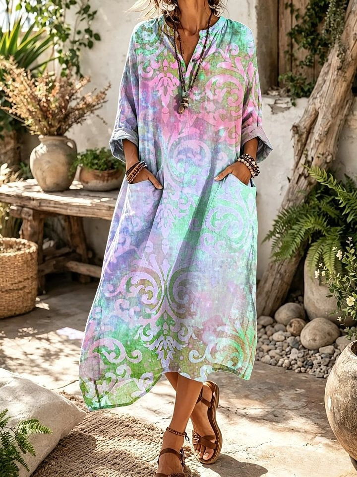 Women's Tie-Dye Vintage Scroll Floral Print Loose Fit Vacation Dress