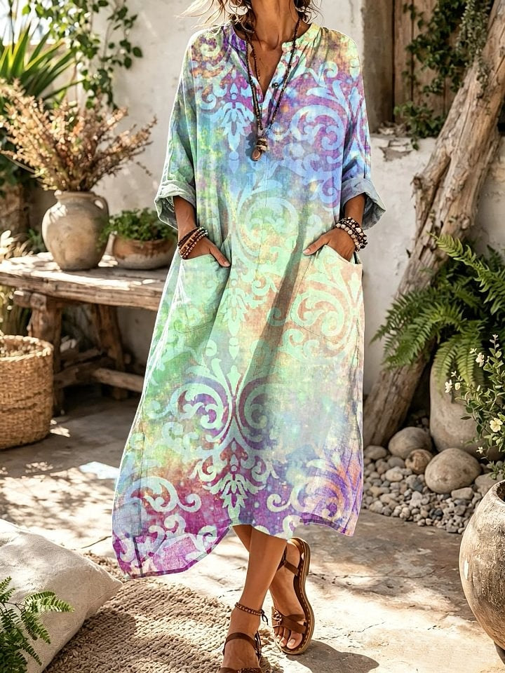 Women's Tie-Dye Vintage Scroll Floral Print Loose Fit Vacation Dress