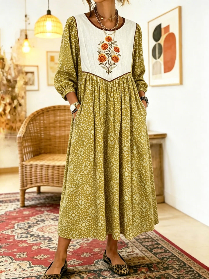 Women's Bohemian Art Print Casual Long-sleeved Round Neck Cotton Linen Dress