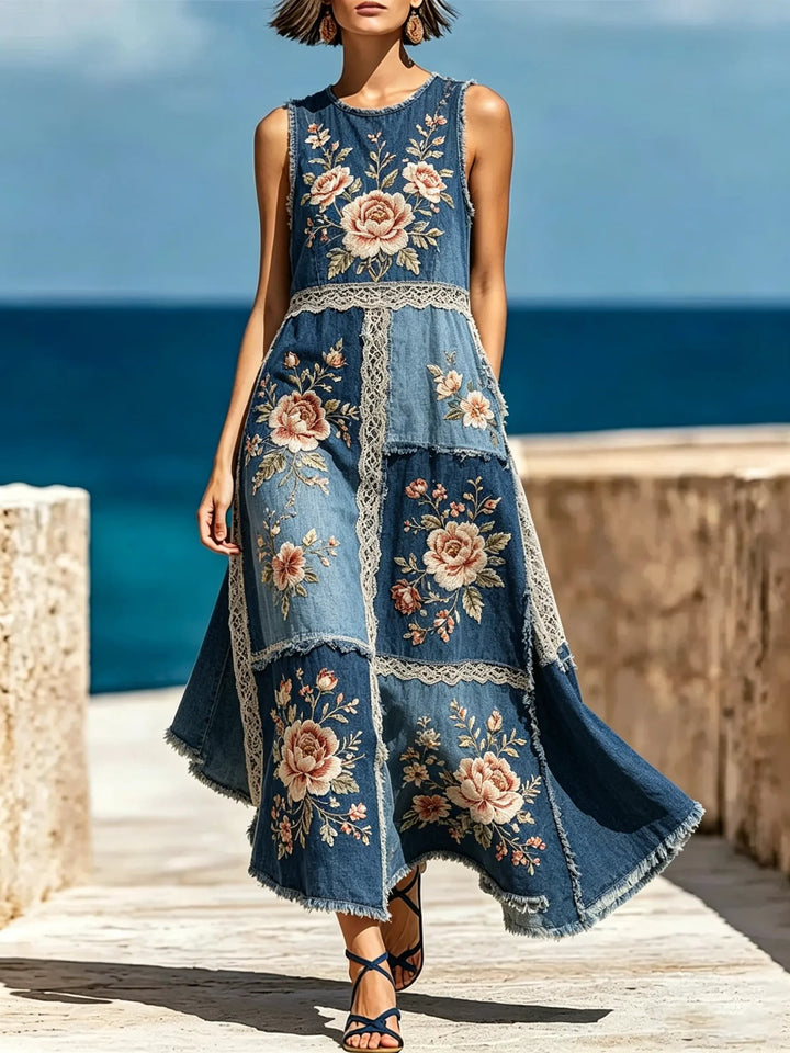 Women's Floral Print Cotton Lace Trim Sleeveless Maxi Dress