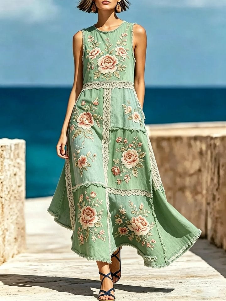 Women's Floral Print Cotton Lace Trim Sleeveless Maxi Dress