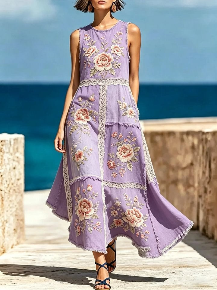 Women's Floral Print Cotton Lace Trim Sleeveless Maxi Dress