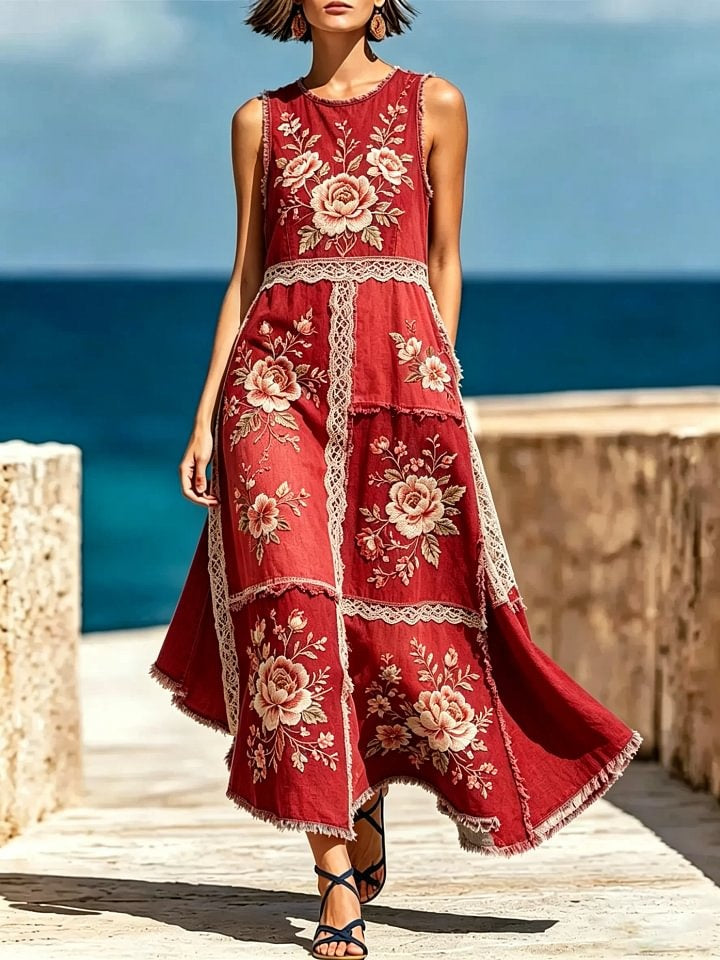 Women's Floral Print Cotton Lace Trim Sleeveless Maxi Dress