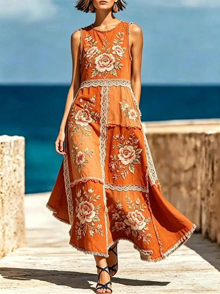 Women's Floral Print Cotton Lace Trim Sleeveless Maxi Dress