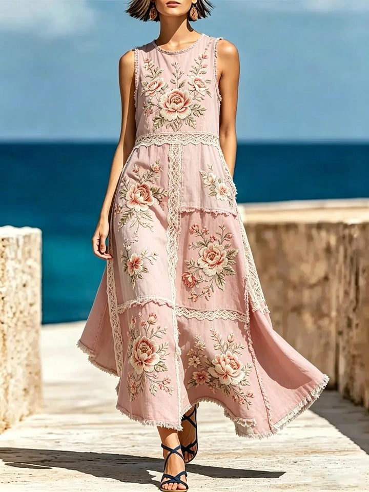 Women's Floral Print Cotton Lace Trim Sleeveless Maxi Dress