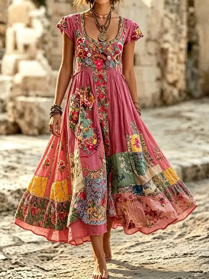 Women's Boho Floral Patchwork Print Cotton Maxi Dress