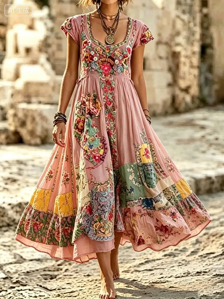 Women's Boho Floral Patchwork Print Cotton Maxi Dress