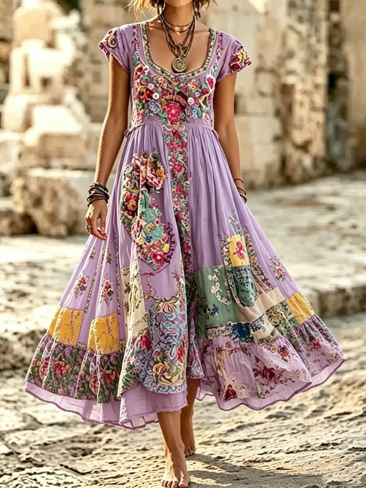 Women's Boho Floral Patchwork Print Cotton Maxi Dress