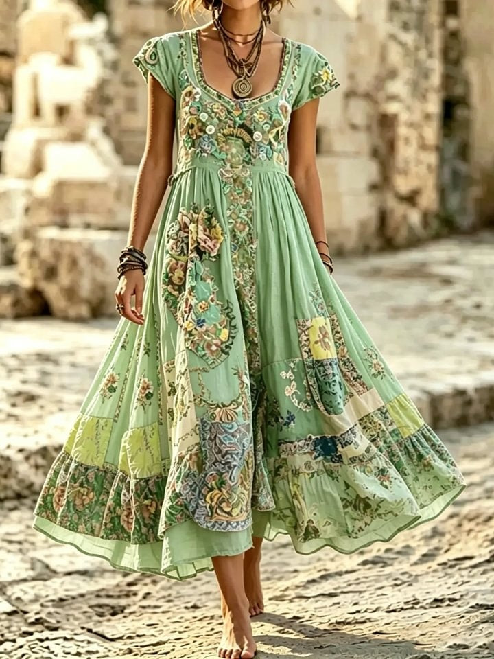 Women's Boho Floral Patchwork Print Cotton Maxi Dress
