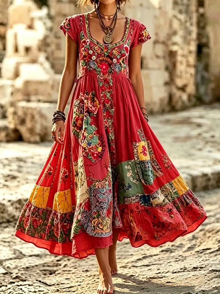 Women's Boho Floral Patchwork Print Cotton Maxi Dress