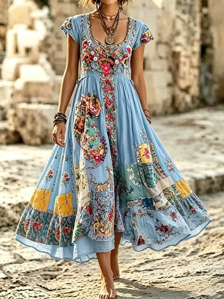 Women's Boho Floral Patchwork Print Cotton Maxi Dress