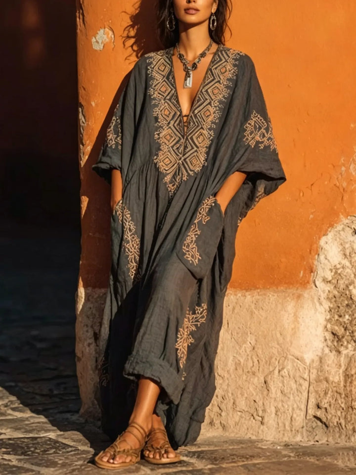 Women's Vintage Ethnic-print V-neck Pocket Casual Dress