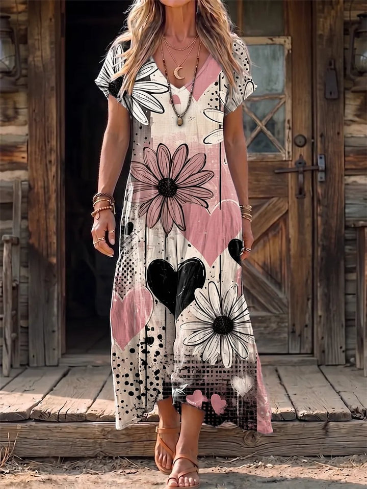 Retro Ethnicity Love Daisy Women's Art Print Casual V-collar Short Sleeve Cotton Dress