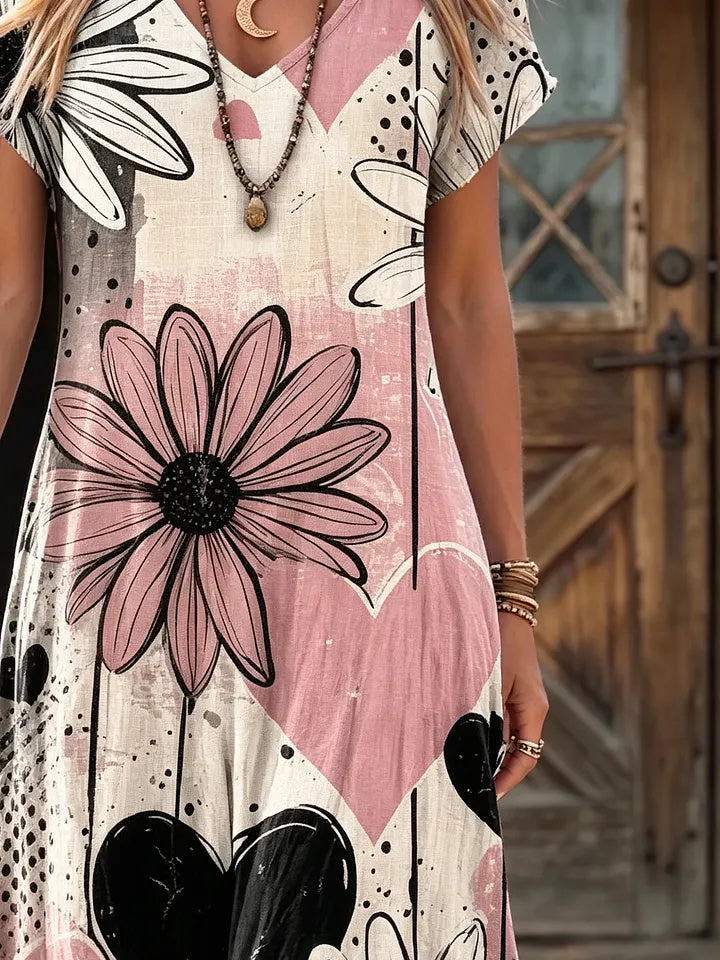 Retro Ethnicity Love Daisy Women's Art Print Casual V-collar Short Sleeve Cotton Dress