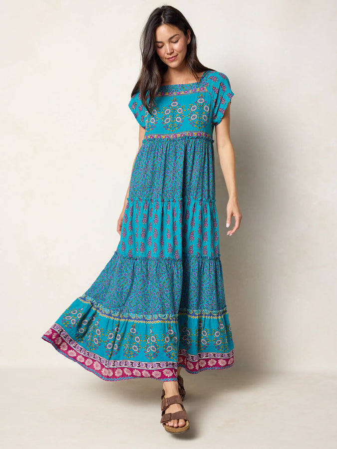 Berkley Boho Maxi Dress in Teal Wildflower Tiles