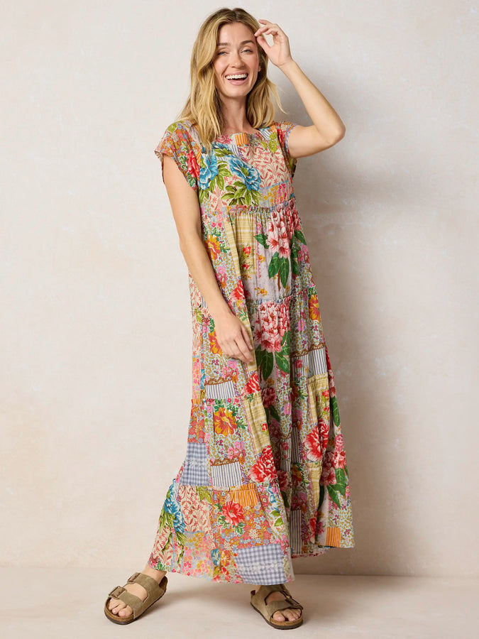 Berkley Boho Maxi Dress in Teal Wildflower Tiles