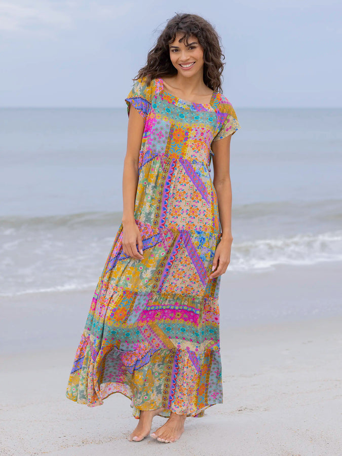 Berkley Boho Maxi Dress in Teal Wildflower Tiles