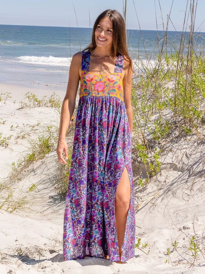 Bohemian Floral Maxi Dress with Purple Daisy Pattern