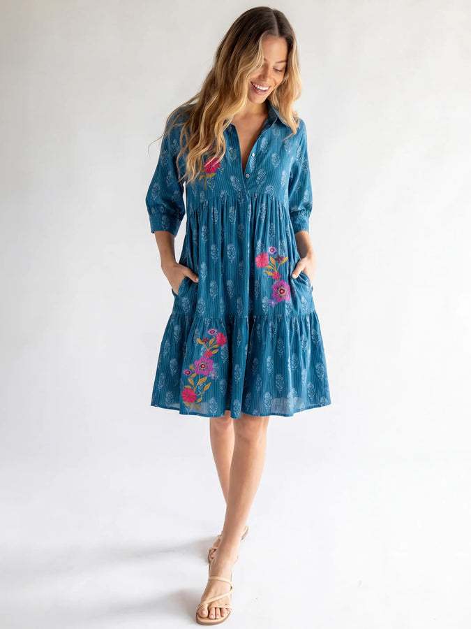 Boho Embroidered Mini Dress in Indigo