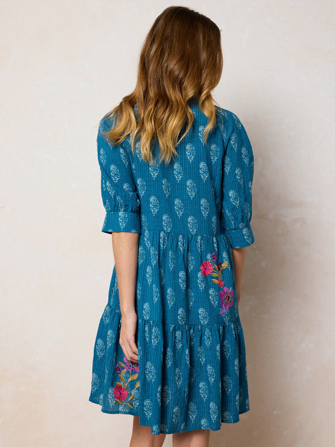 Boho Embroidered Mini Dress in Indigo