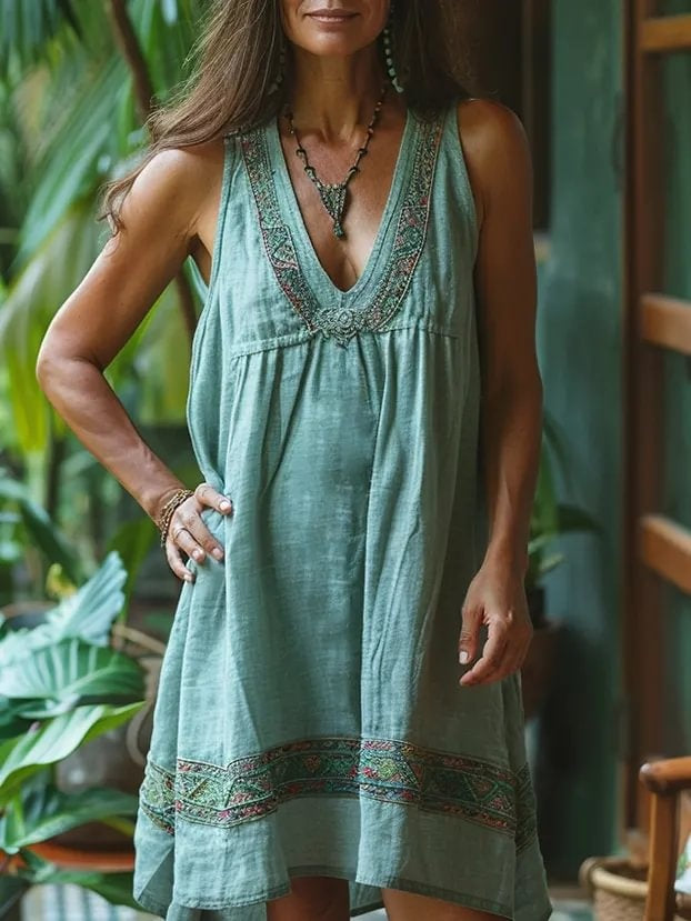 Women's Solid-Color Ethnic Geometric Floral V-Neck Loose Sleeveless Dress