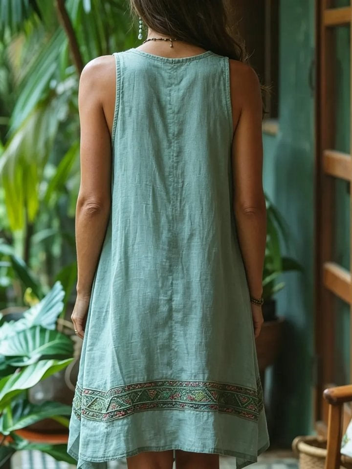 Women's Solid-Color Ethnic Geometric Floral V-Neck Loose Sleeveless Dress