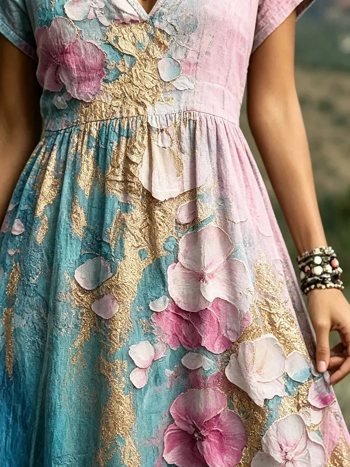 Women's Gradient Watercolor Petal Print Cotton V-Neck Maxi Dress