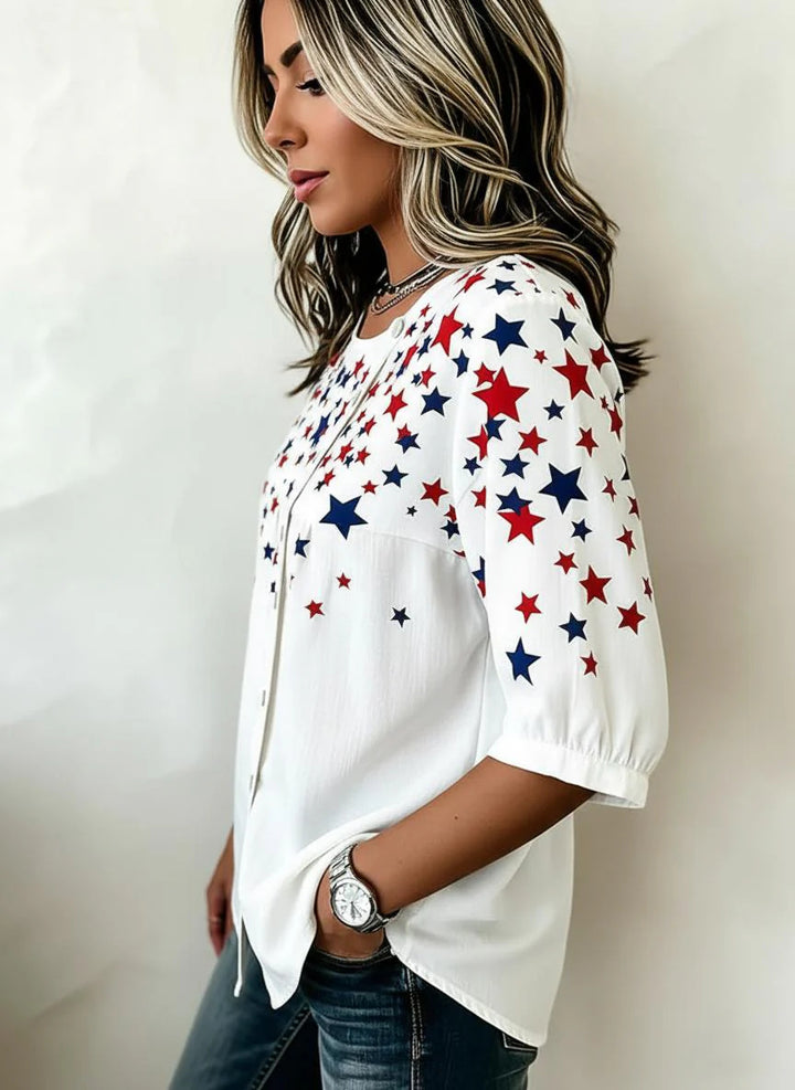 Patriotic Star Print Button-Detail Casual Blouse