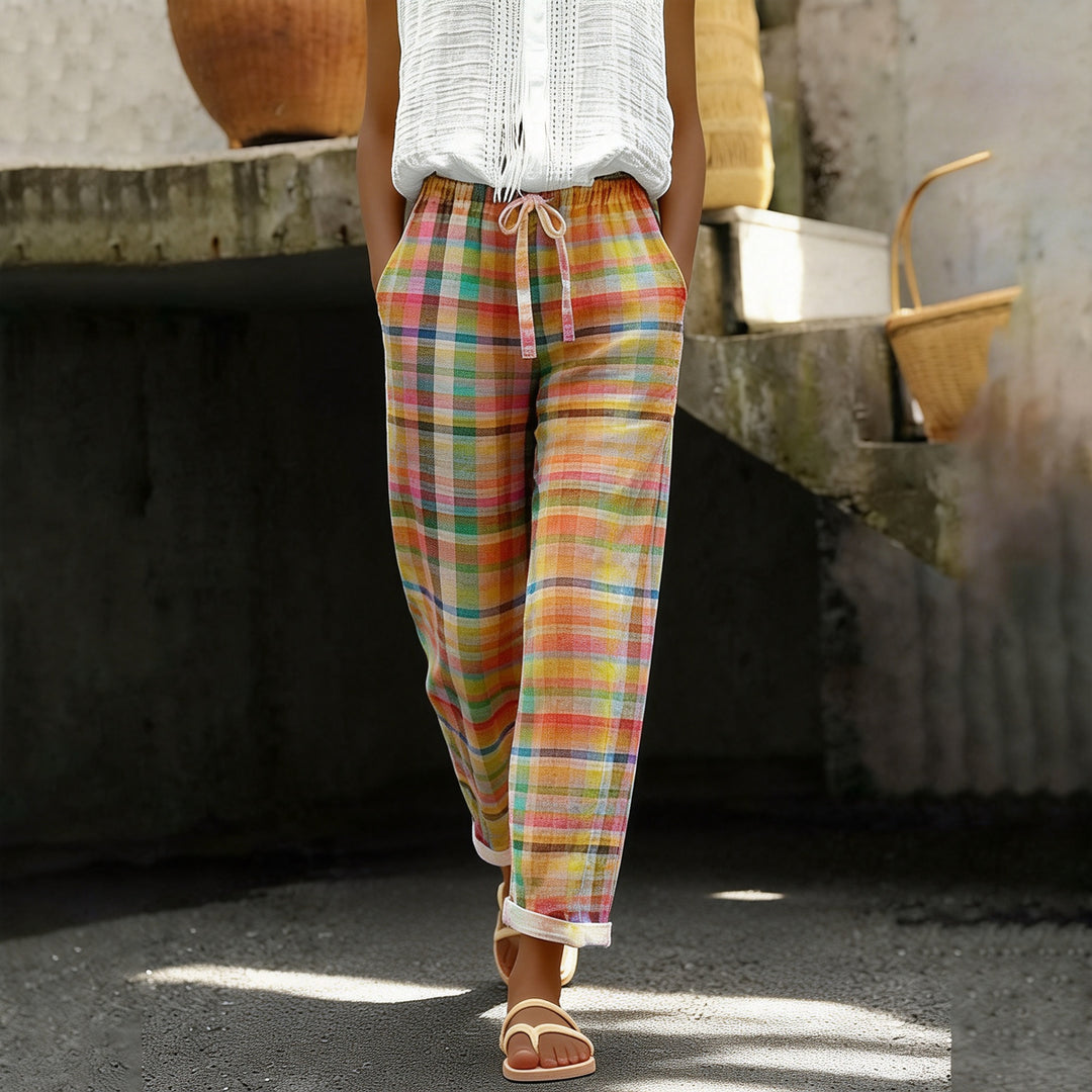 Casual Plaid Drawstring Waistline Pants