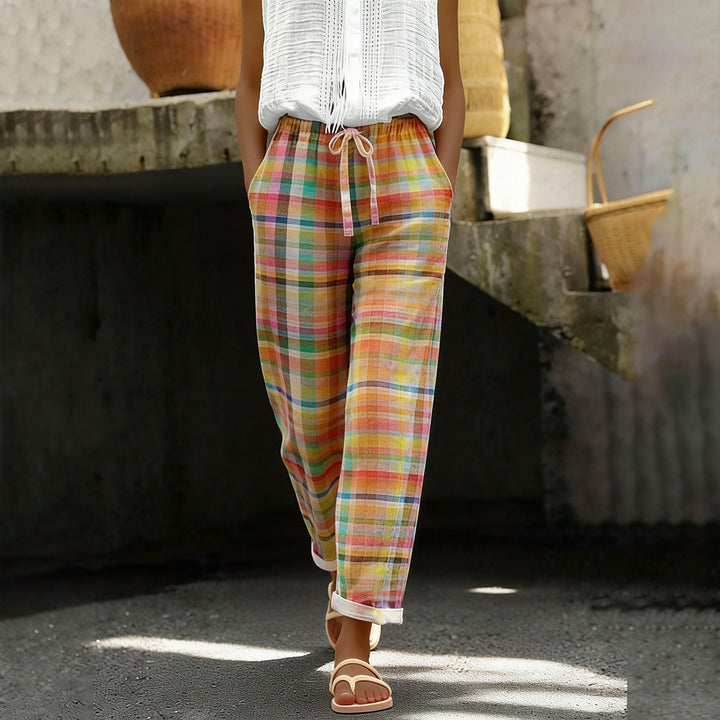 Casual Plaid Drawstring Waistline Pants